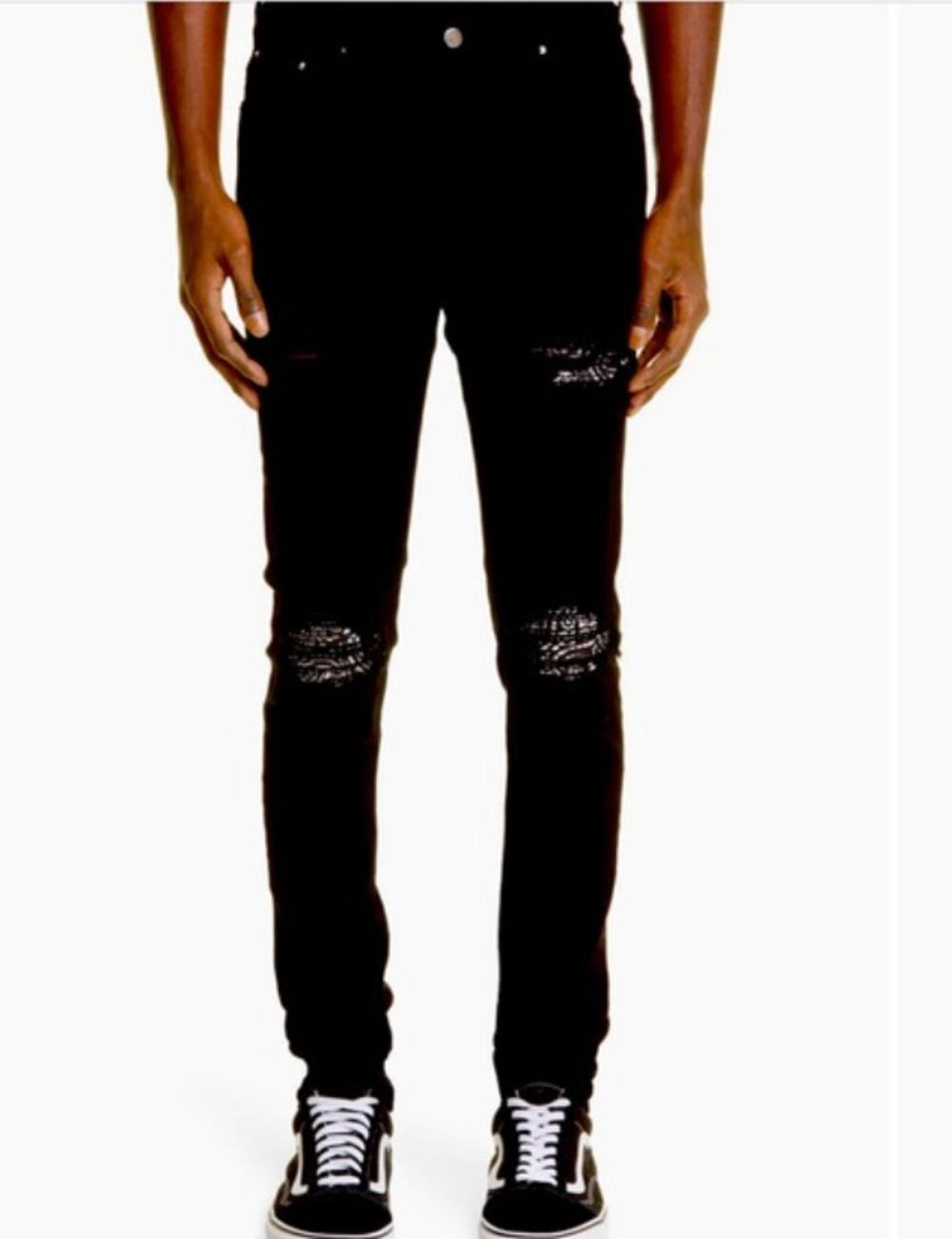 Amiri MX1 Bandana Ripped Patch Skinny Jeans Jet Black Denim size 33 Style #126